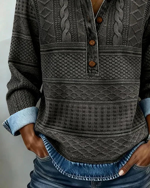 Velmora™ | Textured Knit Button-Collar Top