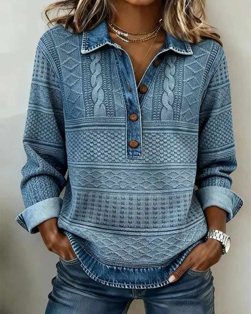 Velmora™ | Textured Knit Button-Collar Top