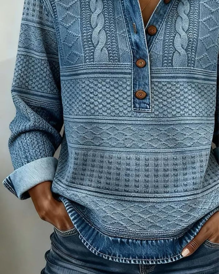Velmora™ | Textured Knit Button-Collar Top