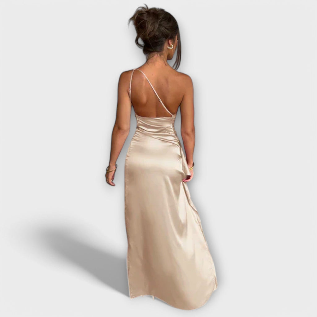 Asymmetrical Maxi Dress with Draping on One Arm