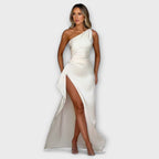 Asymmetrical Maxi Dress with Draping on One Arm