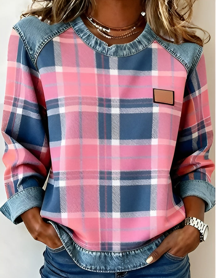 Avery | Pink Plaid Denim Sweater