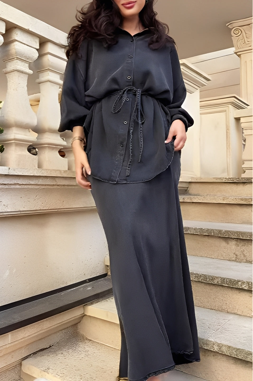 Evelore | Long-Sleeved Tie-Drawstring Shirt & Skirt Set - Effortless Style, Everyday Confidence