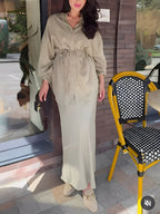 Evelore | Long-Sleeved Tie-Drawstring Shirt & Skirt Set - Effortless Style, Everyday Confidence